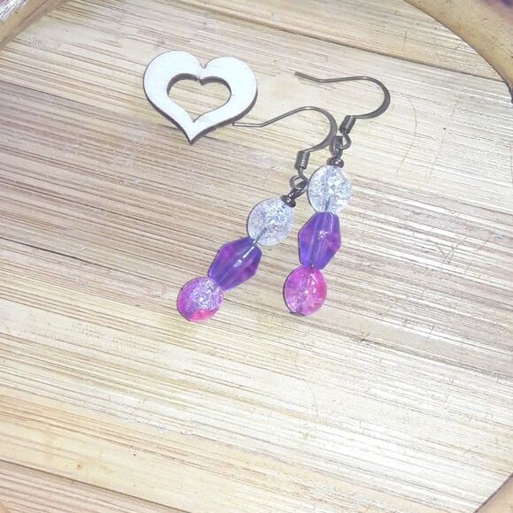 boho earrings 357#mfs Purple pink pastel earrings crackle glass bead linear cute - Picture 4 of 5
